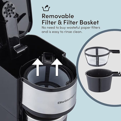 Elite Gourmet EHC112 Personal Single-Serve Compact Coffee Maker Brewer Includes 14Oz. Thermal Travel Mug with Stainless Steel Interior, Compatible with Coffee Grounds, Reusable Filter, Black