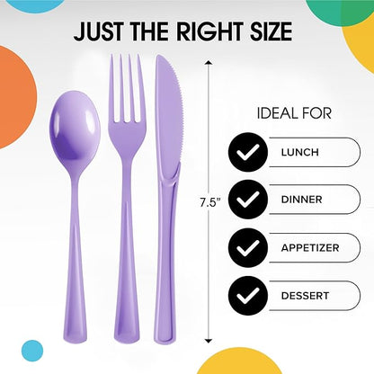 Party Solids Lavender Plastic Silverware Heavy Duty 150 Pieces Lavender Plastic Cutlery Sets, Utensil Sets, 50 Of Each Forks, Knives & Spoons Disposable Cutlery Set, Flatware Set For Party Supplies