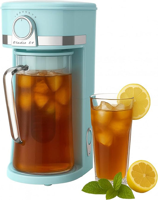 Studio 54 Retro Iced Tea Maker with Infuser, 3QT Glass Pitcher Electric Tea and Coffee Brewer, Adjustable Strength Cold Brew Maker for Iced Coffee, Iced Lattes, Sweet Tea & Fruit Infusions