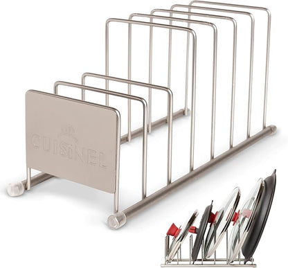 Cuisinel Lid and Dish Organizer Rack - 2-Pack Satin Nickel Kitchen Storage Organization Stand - Plate Holder, Pan/Pot Covers, Cutting Board and Cookie Sheet Divider - 7-Tier Cabinet/Counter Display