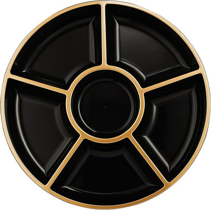 Plasticpro 6 Sectional Round Plastic Serving Tray/Platters Black & Gold Pack of 8