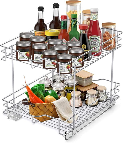 FULGENTE Chrome Finish Pull Out Drawer Cabinet Organizer 2 Tier (14" W X 18" D) Sliding Drawers For Kitchen Cabinets Cookware Organizer Drawer For Cabinet Slide Out Shelves