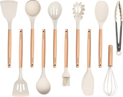 11-Piece Silicone Kitchen Utensils Set with Non Toxic Spatula, Tongs, Whisk, Turner & Ladle – Heat Resistant, Non-Scratch Cooking Tools with Wooden Handles, BPA-Free, Dishwasher Safe (Beige)