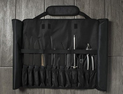 Asaya Chef Knife Roll Bag - 20 Total Pockets for Knives and Kitchen Utensils - Made with Stain Resistant Waxed Nylon - For Chefs and Culinary Students - Knives Not Included(Black)