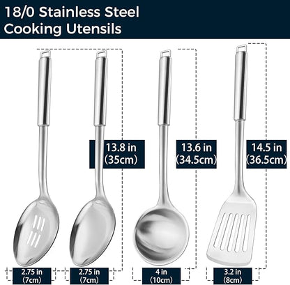 18/0 Stainless Steel Kitchen Cooking Utensil Set, Ergonomic Handle, Dishwasher Safe, Slotted Spoon, Ladle, Turner, Serving Spoon for Housewarming Daily Use Commercial, Pack of 4