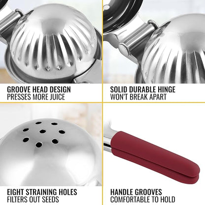 Zulay Kitchen Lemon Squeezer Stainless Steel with Premium Heavy Duty Solid Metal Squeezer Bowl and Food Grade Silicone Handles - Large Manual Citrus Press Juicer and SS Lime Squeezer (Cranberry)