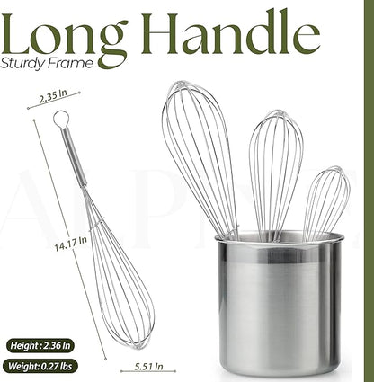 Alpine Cuisine Stainless Steel Wire Whisk 3pc set with Ergonomic Handle | Egg Whisk, Sauce Whisk & Flat Whisk Combined | Space Saving Whisks for Cooking, Baking & Deglazing, Dishwasher Safe