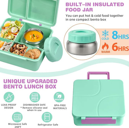 Bento Lunch Box with 9.5 oz Soup Thermo, Kids Leakproof 4 Compartments Bento Box with Silicone Cupcake,Fruit Fork,Spoon and Sauce Cup,Insulated Food Jar for School Travel-Green