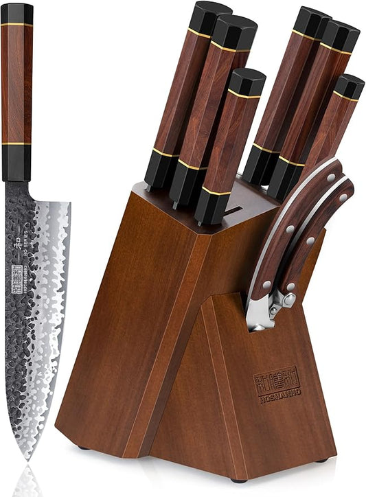 HOSHANHO 8 Pieces Knife Set, Japanese High Carbon Steel Kitchen Knives Set with Block, Hand Forged Ultra Sharp Chef Knife Set with Ergonomic Rosewood Handle