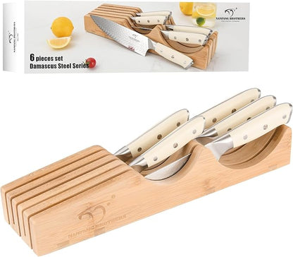 NANFANG BROTHERS Damascus Kitchen Knife Set,6 Pieces Drawer Knife Set,ABS Ergonomic Handle for VG10 Steel Professional Chef Knives Set with Block