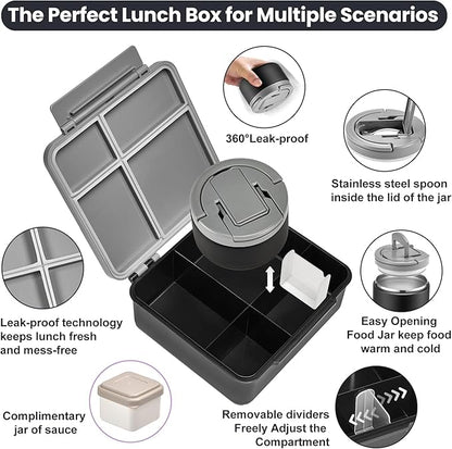 Bento Lunch Box with 8oz Soup Thermo,Kids Leakproof 4 Compartment Lunch Food Containers with Sauce Cup and Ice Pack,Kids Thermo Insulated Hot Food Jar and Lunch Bag for School,Trvael-Black