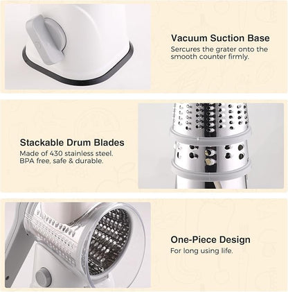 Rotary Cheese Grater Hand Crank, Kitchen Mandolin Vegetable Cheese Shredder with 3 Interchangeable Blades,Easy Clean Rotary Grater with Handle,Kitchen Grater Grinder for Cutting Cheese,Vegetable Nuts