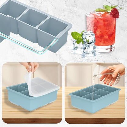 Large Silicone Ice Cube Trays with Lid, 6 Big Ice Cubes per Tray, Include 19.5cm/7.7in Ice Tongs - Perfect for Freezer, Whiskey, Cocktails