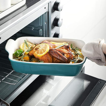 Sweejar Baking Pans Set, Ceramic 9x13 Baking Dish with Handle, Rectangular Casserole Dishes for Oven, Bakeware Sets of 3, Durable Lasagna Pan Deep for Kitchen, Banquet, Wedding Gift(Turquoise)