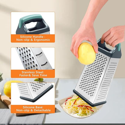 Box Grater, Stainless Steel Cheese Graters for Kitchen, 4 Sided Food Grater with Handle, Cheese Slicer for Food Vegetables Potatoes Carrot
