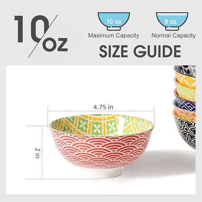 Dessert Bowls, Small Colorful Bowls 10 Oz, Ceramic Bowl Set for Ice Cream, Decorative Bowls for Snack Soup Condiments, Side Dishes, Set of 6