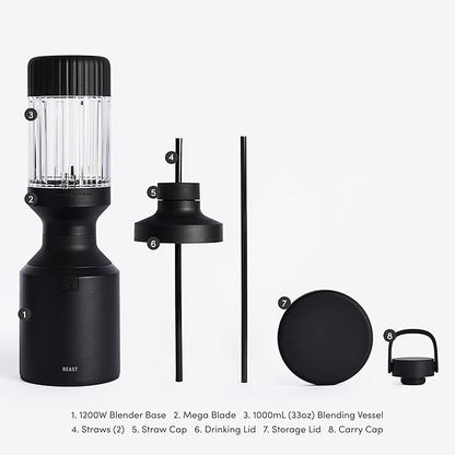 Beast Mega 1200 | Premium Countertop Blender | Smoothies, Shakes, Sauces, Dips, Soups | Blends Ice and Frozen Fruit | Includes Extra Lids and Straw System | 1200W | (Carbon Black, 120V)