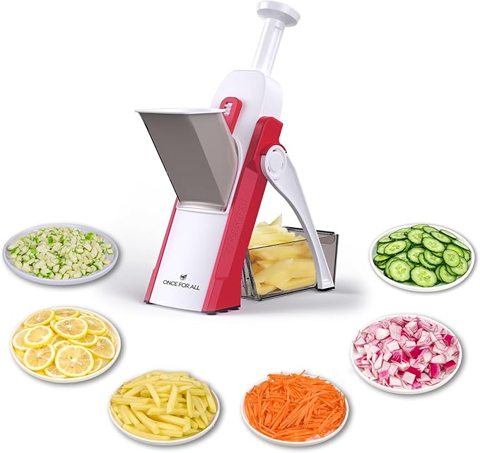 ONCE FOR ALL Safe Mandoline Slicer 5 in 1 Vegetable Cutter, Strips Julienne Dicer Adjustable Thickness 0.1-8 mm for Kitench Fast Meal Prep (Red)