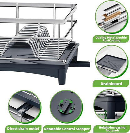 Dish Drying Rack, Large Capacity Dish Drainers for Kitchen Counter with Removeable Cutlery Holder, Rustproof & Sturdy Auto-Drain Multifunctional Organizer for Plates,Cups,knife fork Storage Essentials