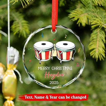Bongo Drum Player Christmas Ornament Gifts, Personalized Text & Name Musical Instrument Glass Ornament Xmas Tree 2025, Bongo Glass Ornaments Gifts for Drummer Music Lovers, Custom Musician Ornaments