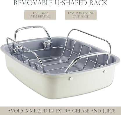 KITESSENSU Nonstick Turkey Roasting Pan with Rack 17 x 14 inch - Large Chicken Roaster Pan for Oven - Wider Handles & Heavy Duty Construction - Suitable for 24lb Turkey, Cream