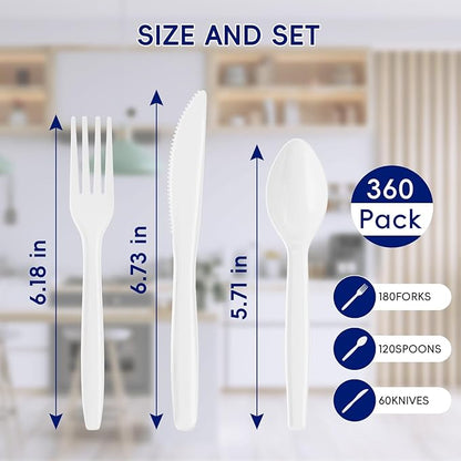 JOLLY CHEF 360 Count White Plastic Silverware Heavy Duty, 180 Forks, 120 Spoons, 60 Knives, Heat ResistantPlastic Utensils Set, Disposable Cutlery set, Premium Clear Utencils for Party, Thanksgiving