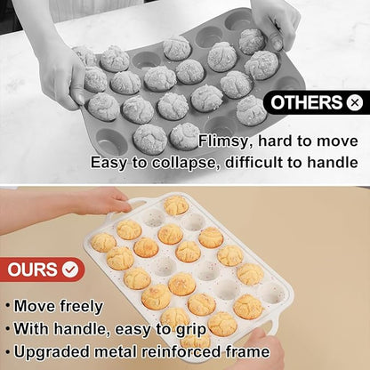 Mini Cupcake Pans, Metal Reinforced Frame Silicone Mini Muffin Pan Nonstick 24 Cups Easy to Handle for Baking Muffins, Cupcakes, Egg Bites 1 Pack
