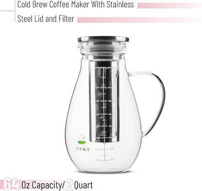 BTaT- Cold Brew Coffee Maker, Iced Coffee Maker, 2 Liter (2 Quart, 64 oz), Iced Tea Maker, Cold Brew Maker, Tea Pitcher, Coffee Accessories, Iced Tea Pitcher, Cold Brew System, Cold Brew Pitcher