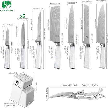 FULLHI 14pcs Block Knife Set, Chef's Knife Steak Knives Set with Block and Sharpener, Kitchen Knife Set, Multi-colour Handle, Gifts for Men Women