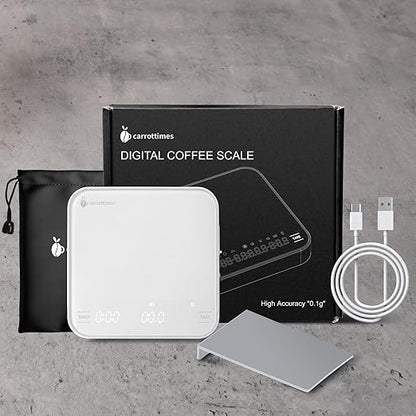 Rechargeable Mini Coffee Scale with Timer, 2kg/0.1g Precision Espresso Scale, Portable Coffee Weight Scale w/ 4 Modes for Espresso and Pour-Over Coffee (White)