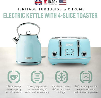 Haden Heritage 4 Slice Wide Slot Stainless Steel Toaster Bundled with 1.7 Liter Stainless Steel Electric Water Kettle, Turquoise & Chrome