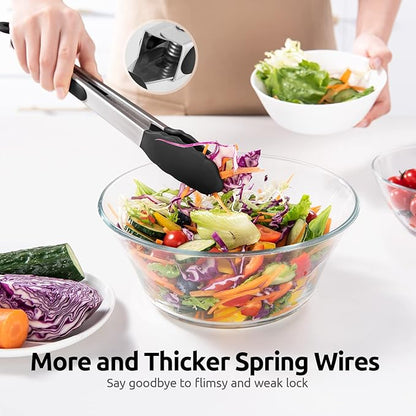 600ºF Heat Resistant Kitchen Tongs: U-Taste 9+12 inch Silicone Cooking Tong Set with Firm Sealed Non Stick Rubber Tips and Silicon Coated 18/8 Stainless Steel Handle for Serving Grilling Salad (Black)