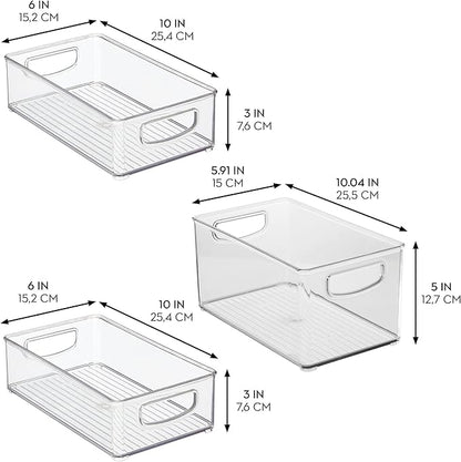 iDesign Stackable Pantry Bins with Handles, 2 Small Bins and 1 Medium Bin, 3 Pack, Clear, Made in USA