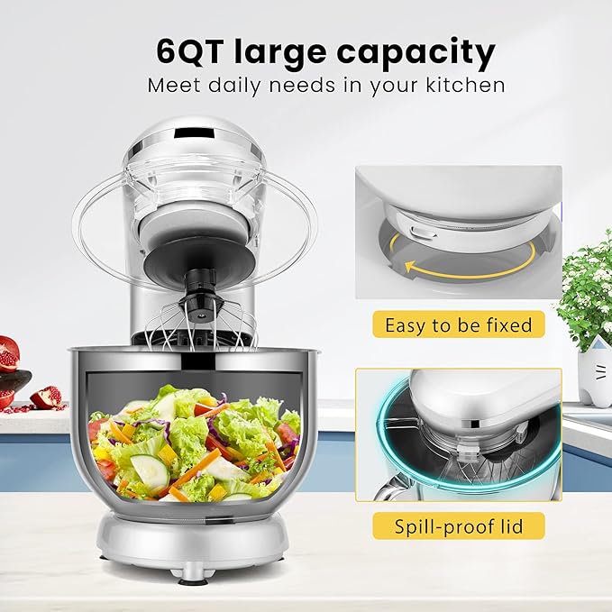 VIVOHOME Stand Mixer, 660W 10 Speed 6 Quart Tilt-Head Kitchen Electric Food Mixer with Beater, Dough Hook, Wire Whip and Egg Separator, Silver