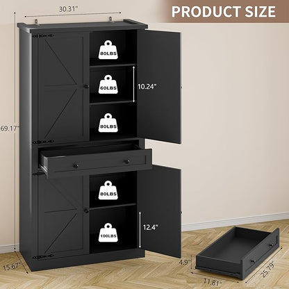 Pantry Organizers and Storage Cabinet, 70” Barn Door White Kitchen Cabinet with Drawers and Adjustable Shelf, Tall Pantry for Kitchen, Dining Room, Living Room Bedroom