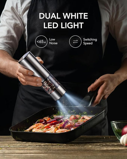 FORLIM Rechargeable Electric Salt and Pepper Grinder Set, Dual-Speed Control, Stainless Steel Automatic Salt & Pepper Mill with Dust Cover, 2 LED Lights, Adjustable Coarseness (2-Pack, Glossy Silver)