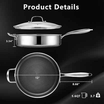 12 Inch Frying Pan Nonstick with Lid, 5.6QT Hybrid Ceramic Deep Saute Pan & Skillet, Tri-Ply Stainless Steel for Even Heat, PFOA/PFOS Free, Induction & Oven Safe