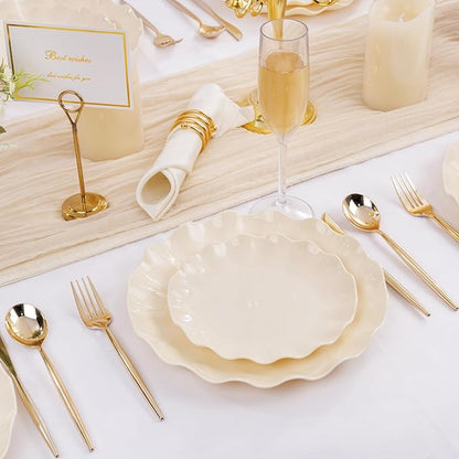 LIYH 24 Pcs Plastic Plates Reusable,Unbreakable Dinner Plates, Scalloped Plastic Plates, Dishwasher Safe,Ivory Plate Sets Perfect for Parties, Birthday, Picnics, BPA Free(12Guests)