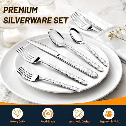 60 Piece Silverware Set for 12, Food-Grade Stainless Steel Utensils Set Includes Spoons Forks Knives, Sturdy Home Kitchen Eating Tableware Set,Wave Style Design & Mirror Polished - Dishwasher Safe