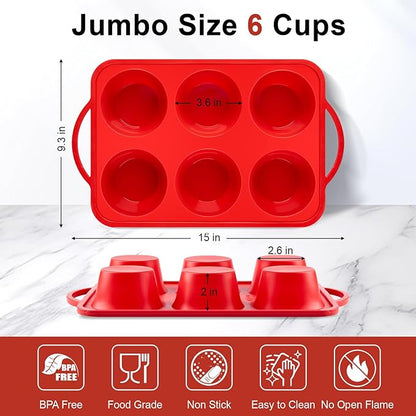 Jumbo Muffin Pan with Metal Frame, 6 Cup Large Cupcake Mold with Handles, Silicone Egg Bite Baking Tray, BPA Free & Non-Stick