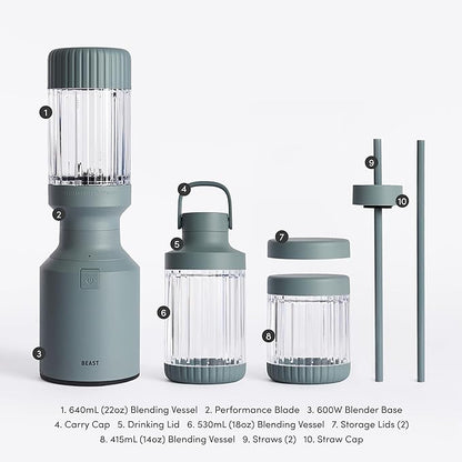 The Beast Mini Blender Plus | Mini Countertop Kitchen Blender | Blend Smoothies and Shakes, Dressings, Sauces, Dips | Extra Vessels, Straw Cap and Straws Included | 600W (Mist)