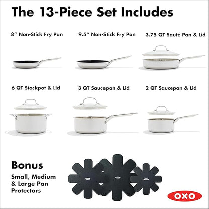 OXO 13 Piece Stainless Steel Cookware Set, Tri-Ply Multiclad Pots & Pans, PFAS-Free Ceramic Nonstick Coated Frying Pans, Induction Compatible, Dishwasher & Oven Safe, Sauce, Stock, Saute, Silver