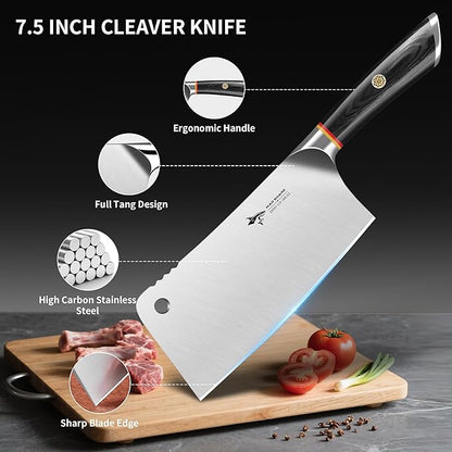 MAD SHARK Meat Cleaver, Professional 7.5 Inch Bone Chopping Butcher Knife with Heavy Duty Blade, German Military Grade Composite Steel, Chinese Chef's Bone Cutting Knife for Home Kitchen & Restaurant