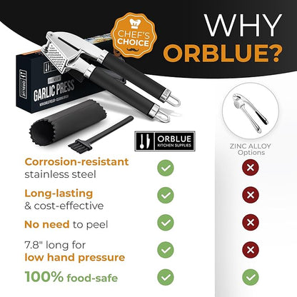 ORBLUE Garlic Press Stainless Steel - Premium Professional Grade Garlic Mincer, Crusher & Peeler Set - Easy Clean, Dishwasher Safe & Rust-proof, Black