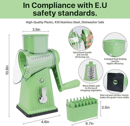 Rotary Cheese Grater with 5 Blades, Large Food Tube, Safety Food Pusher, Strong Suction Base, Mint Green
