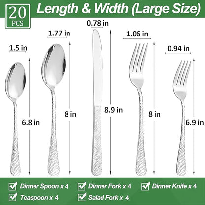 20 Pcs Silverware Set for 4 with Hammered Design, Food Grade Stainless Steel Flatware Set, Eating Utensils Sets Include Fork/Knife/Spoon, Reusable Cutlery Set, Dishwasher Safe