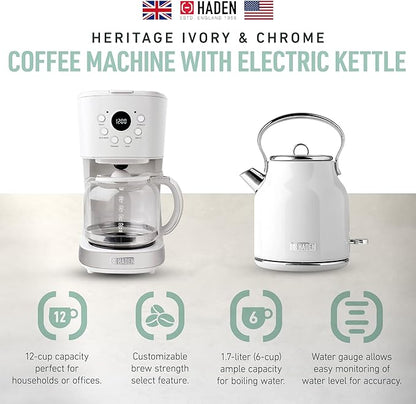 HADEN Coffee Machine, 12 Cup Drip Coffee Maker Bundled with Heritage 1.7 Liter Stainless Steel Electric Kettle, Ivory & Chrome