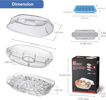 INNOVATIVE LIFE Appetizer Serving Tray on Ice, 15 Inch Party Platter with 4 Ice Cube Tray, Kitchen Chilled Food Bowl with Compartment and Lids for Shrimp, Fruits, Vegetables, Salads, Sushi, Clear