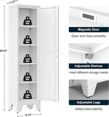 67" Tall Narrow Bathroom Metal Storage Cabinet with 4 Adjustable Shelves, Freestanding 5 Tier Slim Pantry Storage Cabinet for Small Space, White