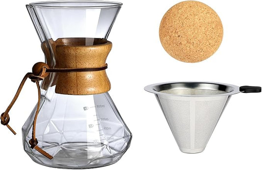 Pour Over Coffee Maker With Wood Sleeve，20oz/600mlPour Over Coffee Dripper,Pour Over Coffee Maker Set With Cork Stopper (20oz/600ml)